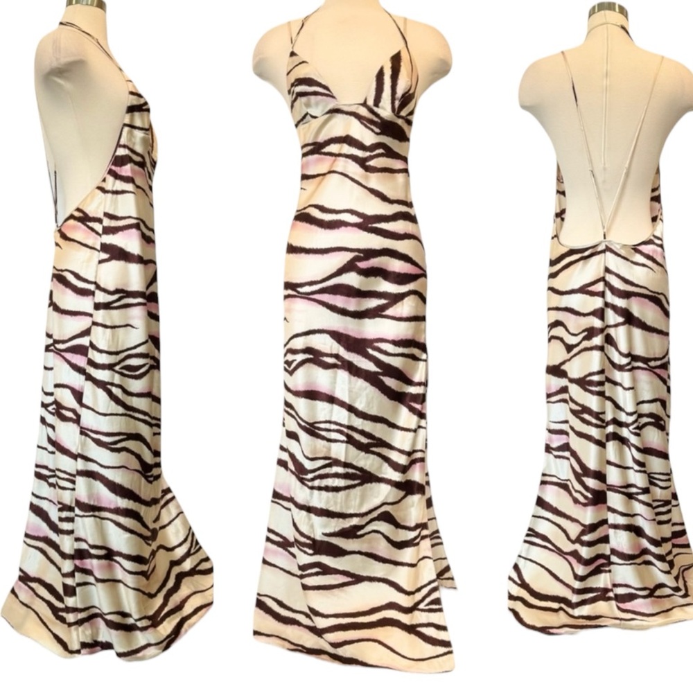🌺SOLD🌺Victoria’s Secret Silk Ivory Pink Tan Tiger Striped Maxi Gown Slip Dress L - Picture 10 of 10